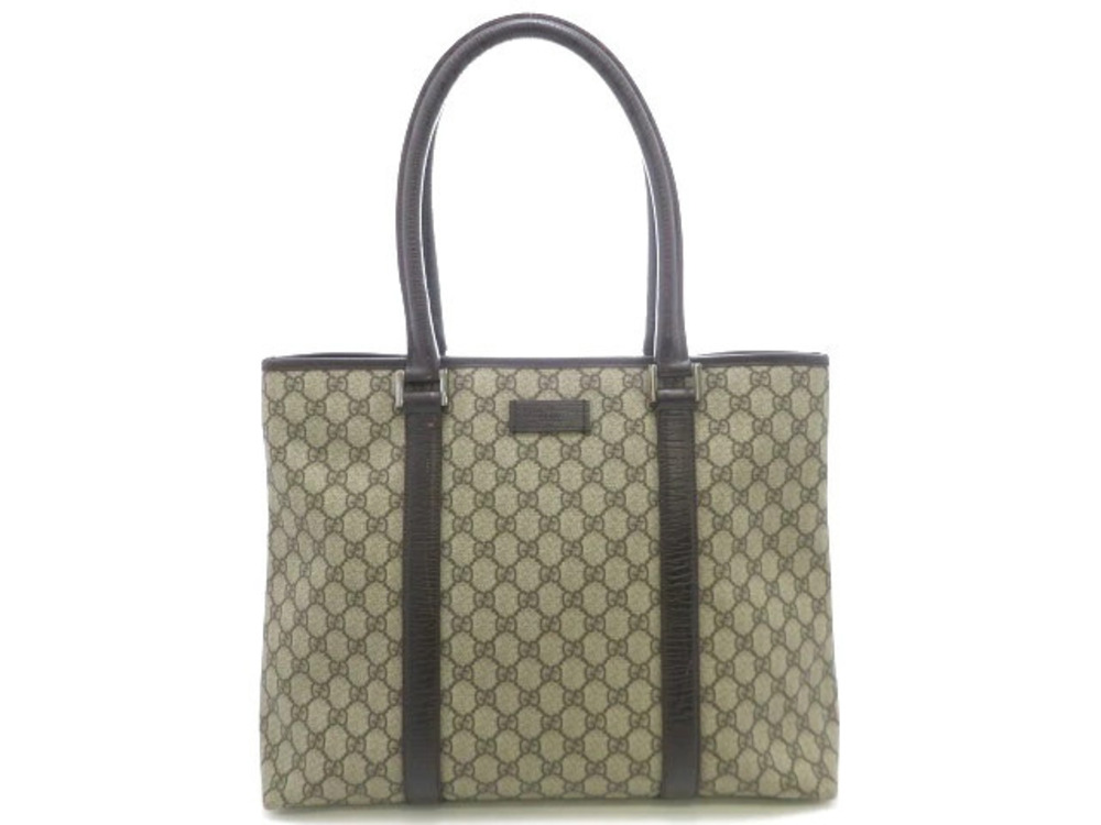 Gucci Tote Bag GG Supreme Canvas Leather Beige Cream Dark Brown